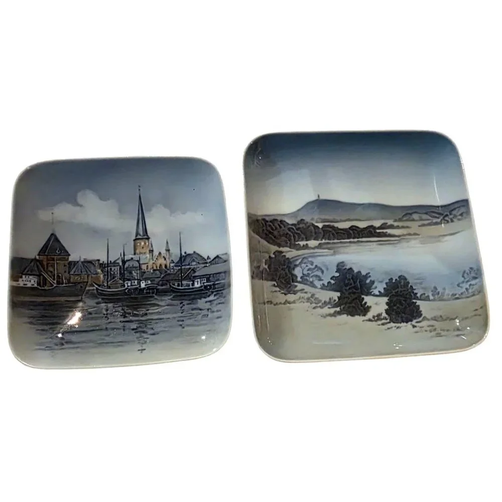 2‎ Vintage Tinket Dishes Royal Copenhagen Square Porcelain Landscape Scenes 4.5